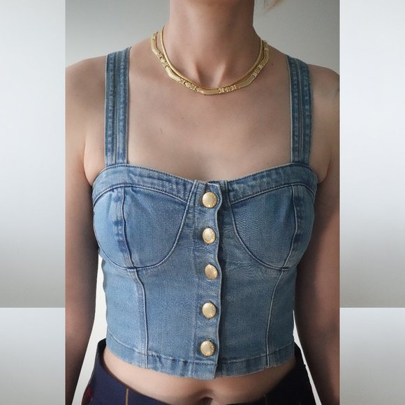 Moto Tops - Moto Cross Back Strap Button Up Denim Crop Top Size 6 / 38 / M